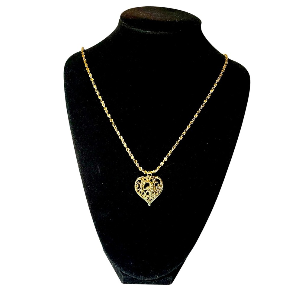 Elegant Goldtone Filigree Heart Pendant with Mother at Center 30 Inch Necklace
